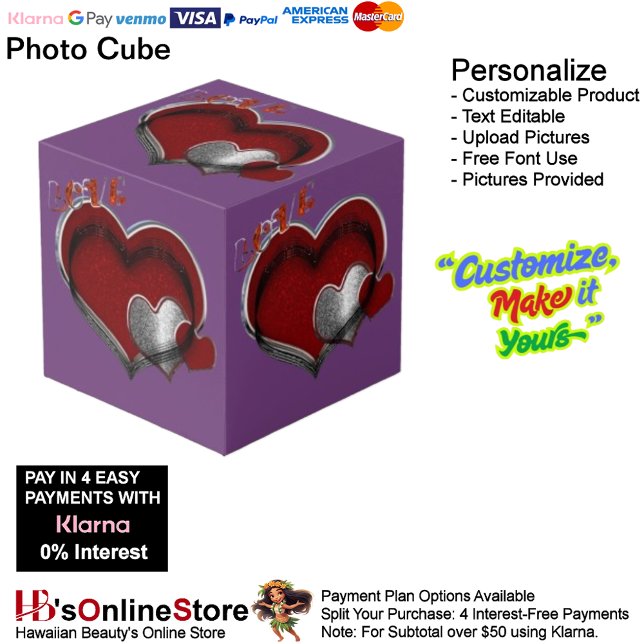 Love Heart Red Silver with Red Background Cube (Love Heart Red Silver with Purple Background Cube.)