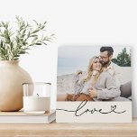 Love Heart Script Ivory Photo Display Plaque<br><div class="desc">An elegant ivory plaque sign featuring "Love" in graceful black calligraphy script with a heart flourish, layered over a single custom photo. The soft cream colour band gives this piece a clean, timeless feel. The photo is fully customisable — a beautiful keepsake for couples, a wedding gift, engagement present, or...</div>
