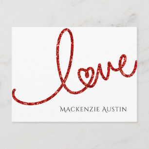 Love Heart Script   Modern Red Glitter Valentine Holiday Postcard