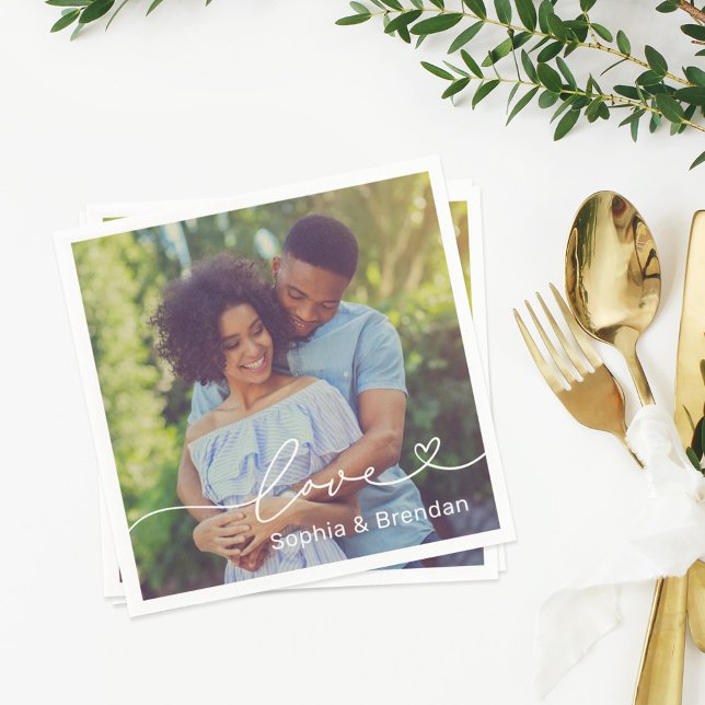 Love Heart Script Personalised Wedding Photo Napkin (Creator Uploaded)