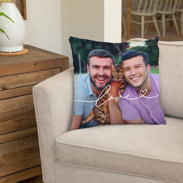 Love Heart Script Photo Couple White Cushion (Creator Uploaded)