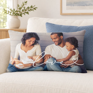 Love Heart Script Photo White Text Lumbar Cushion