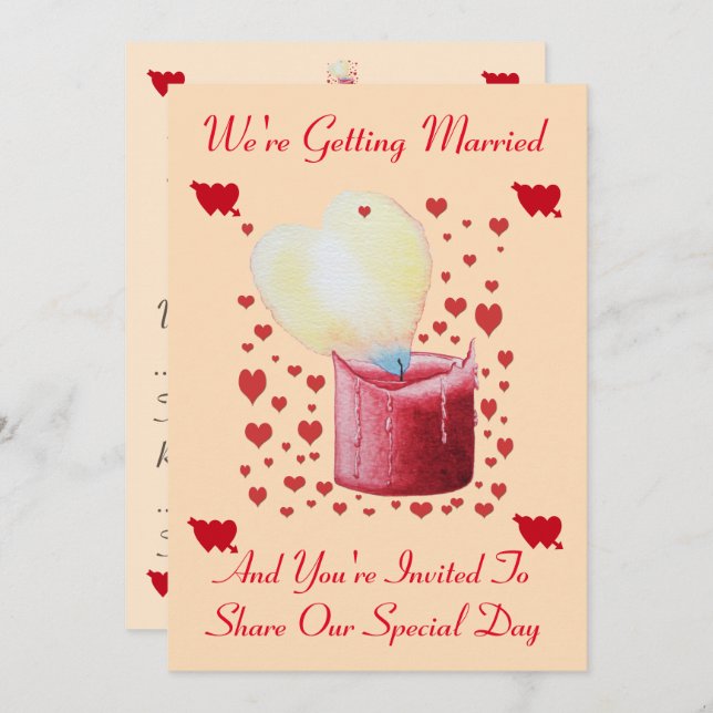 love heart shaped flame red candle wedding invitation (Front/Back)