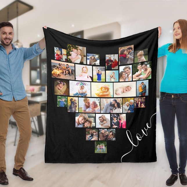 Love Heart Shaped Photo Collage Black Fleece Blanket (Creator Uploaded)