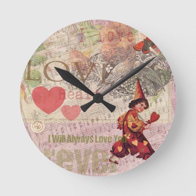Love Heart Sweetheart Valentine Cherub Round Clock (Front)