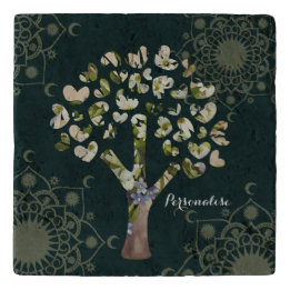 Love Heart Tree Mandala Rustic Green Stone  Trivet