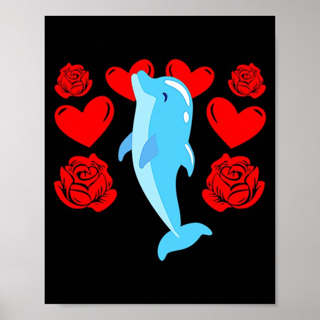 Love Heart Valentines Day Roses Dolphin Boys Kids  Poster (Front)