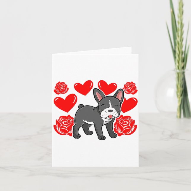 Love Heart Valentines Day Roses French Bulldog Bo  Card (Front)