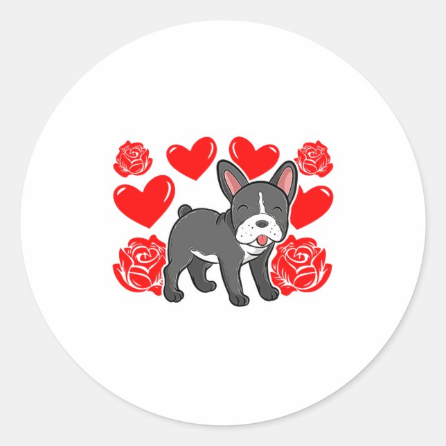 Love Heart Valentines Day Roses French Bulldog Bo  Classic Round Sticker (Front)