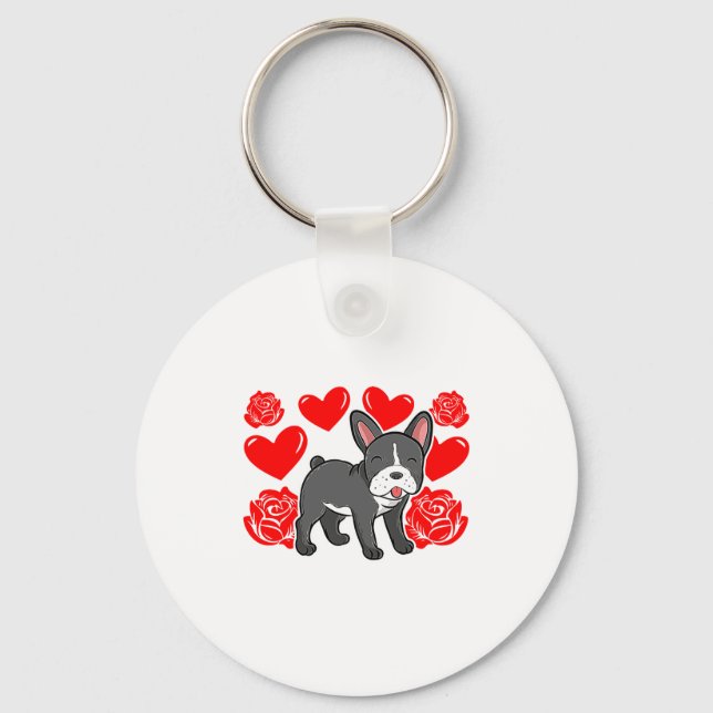 Love Heart Valentines Day Roses French Bulldog Bo  Key Ring (Front)