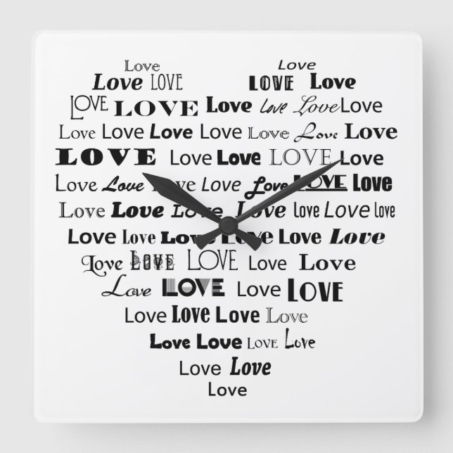 Love Heart Word Cloud - Black on White Square Wall Clock (Front)