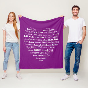 Love Heart Word Cloud - White on Amethyst Purple Fleece Blanket