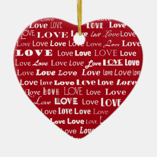 Love Heart Word Cloud - White on Dark Red Ceramic Tree Decoration
