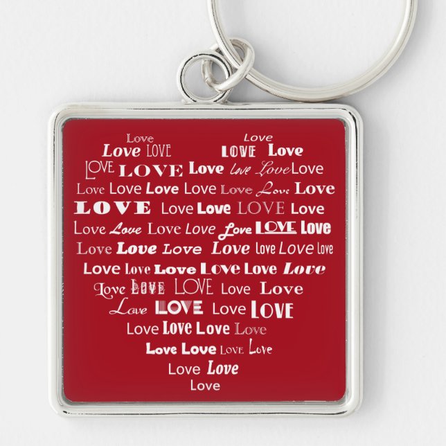Love Heart Word Cloud - White on Dark Red Key Ring (Front)