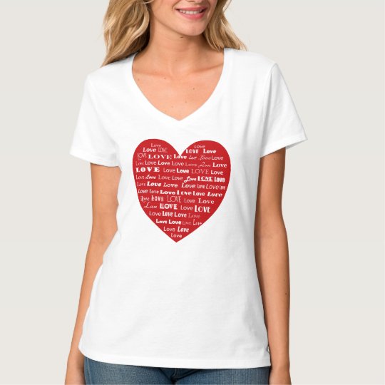 Love Heart Word Cloud, White on Deep Red T-Shirt