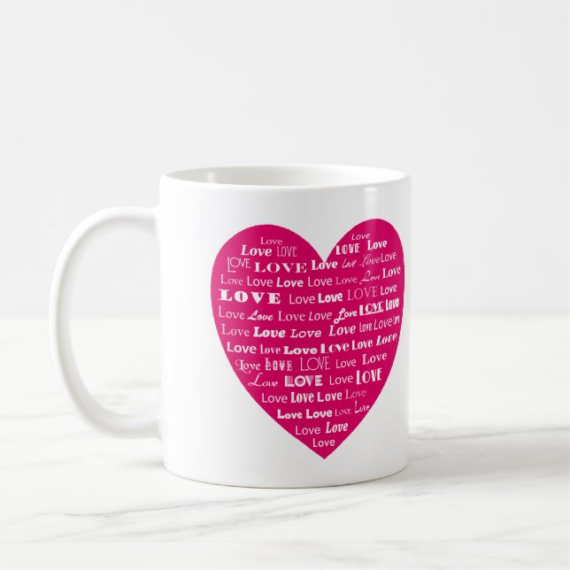 Love Heart Word Cloud - White on Fuchsia Pink Coffee Mug (Left)