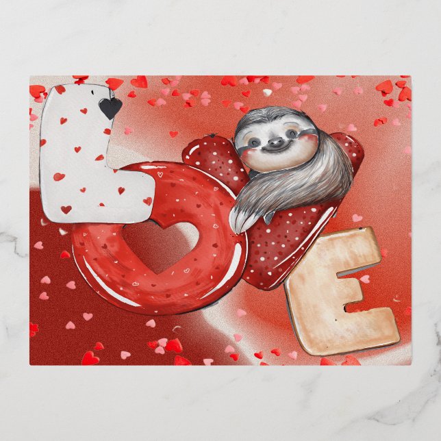 Love, Hearts And A Sloth Foil Holiday Postcard (Front)