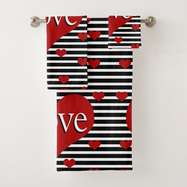 Love Hearts and Black White Stripes Bath Towel Set (Insitu)
