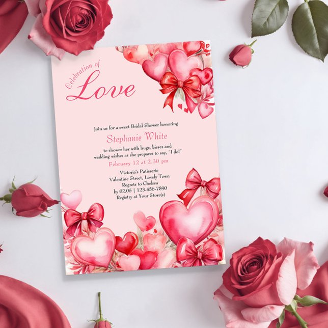 Love Hearts and Bows Bridal Shower Invitation (Bridal Shower invitation from the Valentines Bridal Shower Invitation collection by Darling & May)