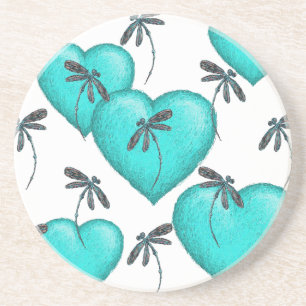 Love Hearts and Dragonflies Turquoise Coaster