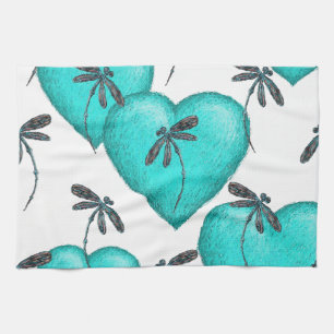 Love Hearts and Dragonflies Turquoise Tea Towel