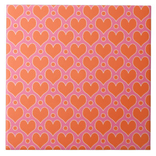 Love Hearts and Polka Dots pattern in Pink, Orange Ceramic Tile