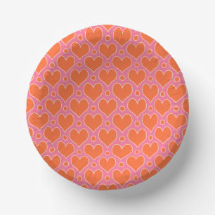 Love Hearts and Polka Dots pattern in Pink, Orange Paper Plate