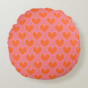 Love Hearts and Polka Dots pattern in Pink, Orange Round Cushion