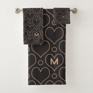 Love Hearts and Polka Dots pattern in Tan & Black Bath Towel Set
