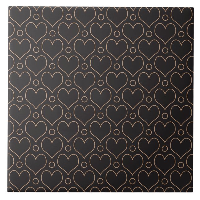 Love Hearts and Polka Dots pattern in Tan & Black Ceramic Tile (Front)