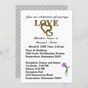 Love Hearts and Purple Thistle Wedding Invitation