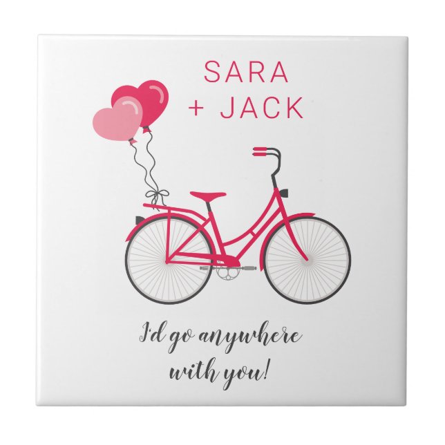 Love Hearts Bicycle Valentine Personalised Custom Ceramic Tile (Front)
