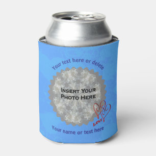 Love Hearts Blue Personalised Photo Can Cooler
