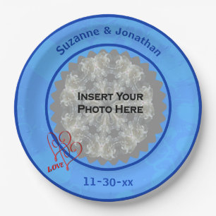 Love Hearts Blue Personalized Wedding Photo Paper Plate
