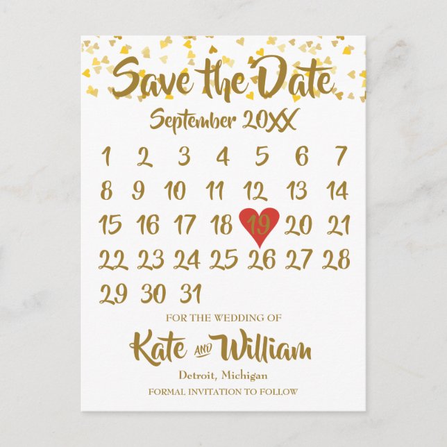 Love Hearts Confetti Calendar Save the Date Announcement Postcard (Front)