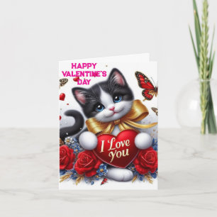 Love Hearts Cute Cat and Roses Valentines Day Card