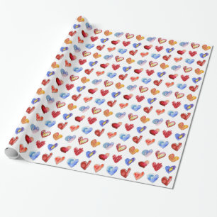 Love Hearts Designs Blue Red Colourful Wrapping Paper