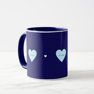 love hearts, feminine, romantic & monogrammed blue mug