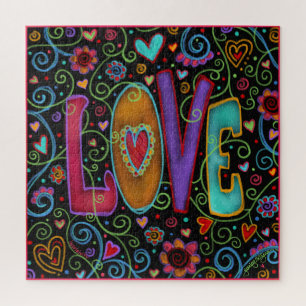 Love Hearts Flowers Black Cute Inspirivity Jigsaw Puzzle