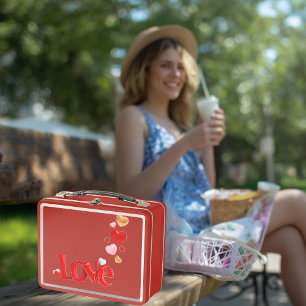 Love & Hearts Personalised Red Metal Lunchbox