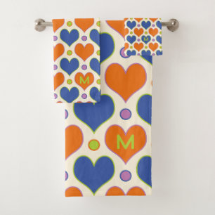 Love Hearts & Polka Dots pattern in Blue & Orange Bath Towel Set