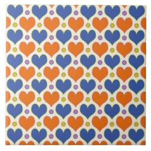 Love Hearts & Polka Dots pattern in Blue & Orange Ceramic Tile