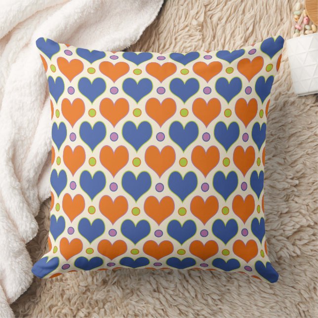 Love Hearts & Polka Dots pattern in Blue & Orange Cushion (Blanket)