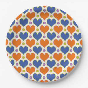 Love Hearts & Polka Dots pattern in Blue & Orange Paper Plate