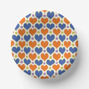Love Hearts & Polka Dots pattern in Blue & Orange Paper Plate