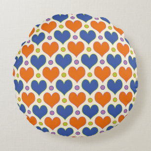 Love Hearts & Polka Dots pattern in Blue & Orange Round Cushion