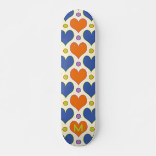Love Hearts & Polka Dots pattern in Blue & Orange Skateboard
