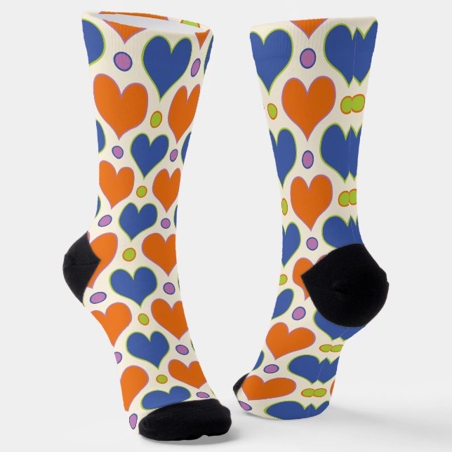 Love Hearts & Polka Dots pattern in Blue & Orange Socks (Angled)