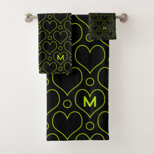 Love Hearts & Polka Dots pattern in Lime Green Bath Towel Set