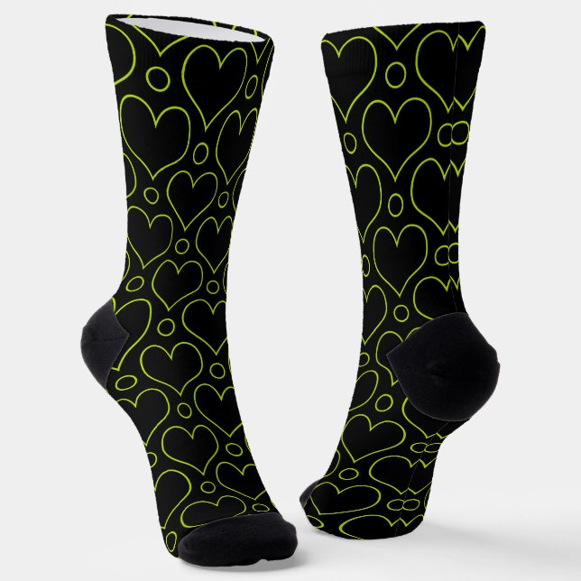 Love Hearts & Polka Dots pattern in Lime Green Socks (Angled)